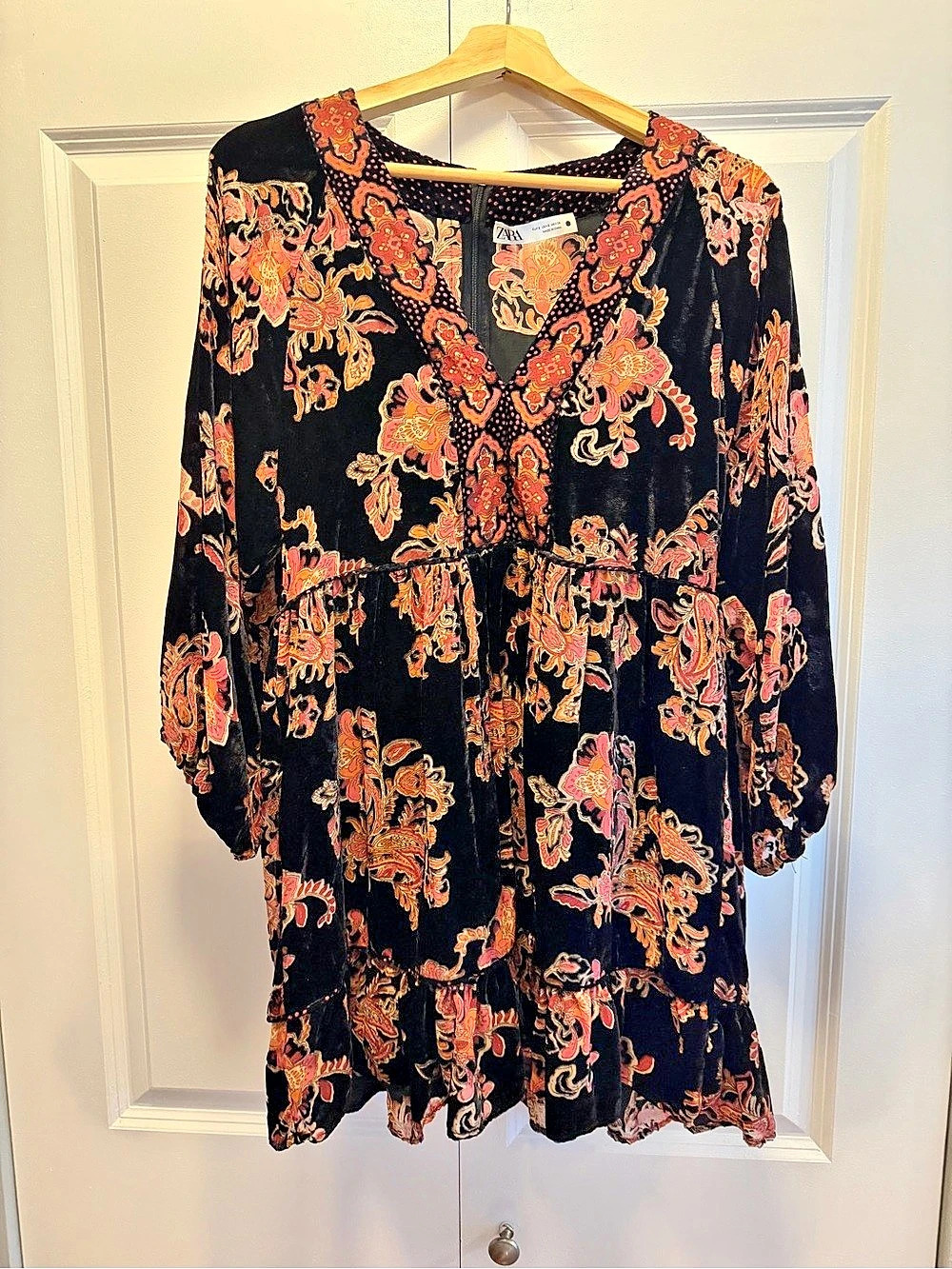 Zara Velvet Paisley Mini Dress in Black & Pink